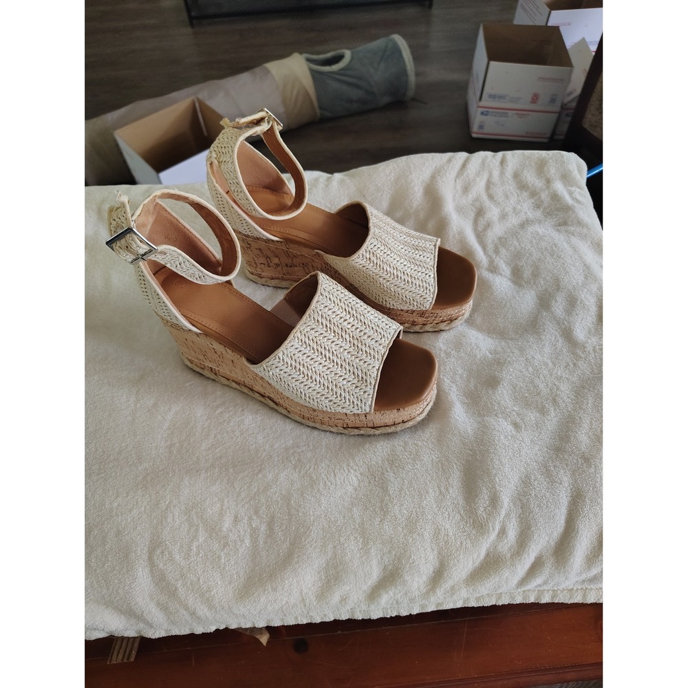 Woven Raffia‎ Wedge Sandals Cream Cork Platform Espadrille Ankle Strap Size 36